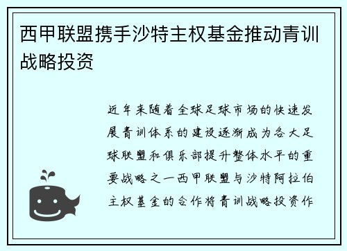 西甲联盟携手沙特主权基金推动青训战略投资 西甲联盟携手沙特主权基金推动青训战略投资
